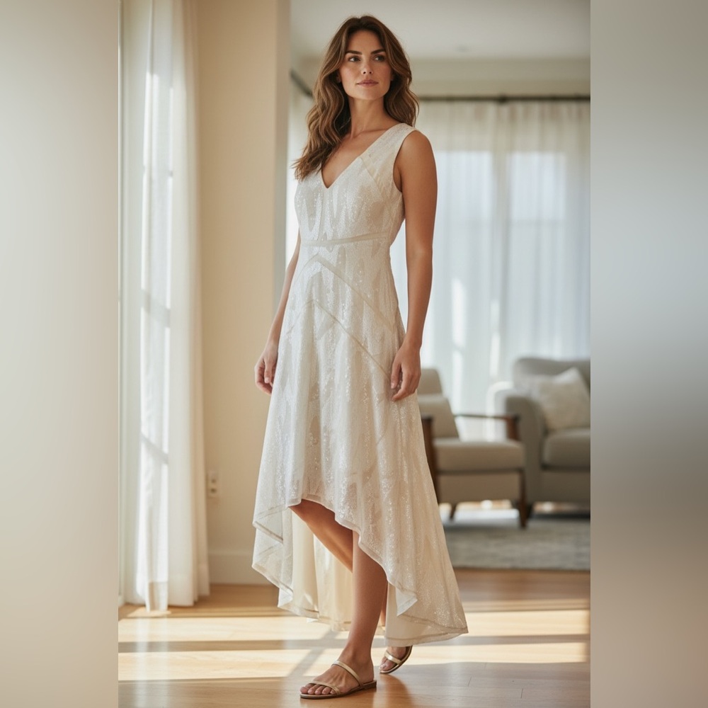 BCBG High Low V Neck Cream Sequin Salma Cocktail Evening Prom Maxi Dress Women 4